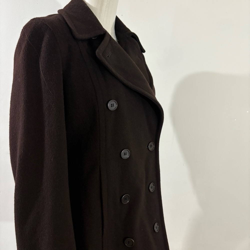 Vtg Perry Ellis Portfolio Pea Coat Brown 100% Merino Wool Size 4P Made USA - Picture 2 of 12